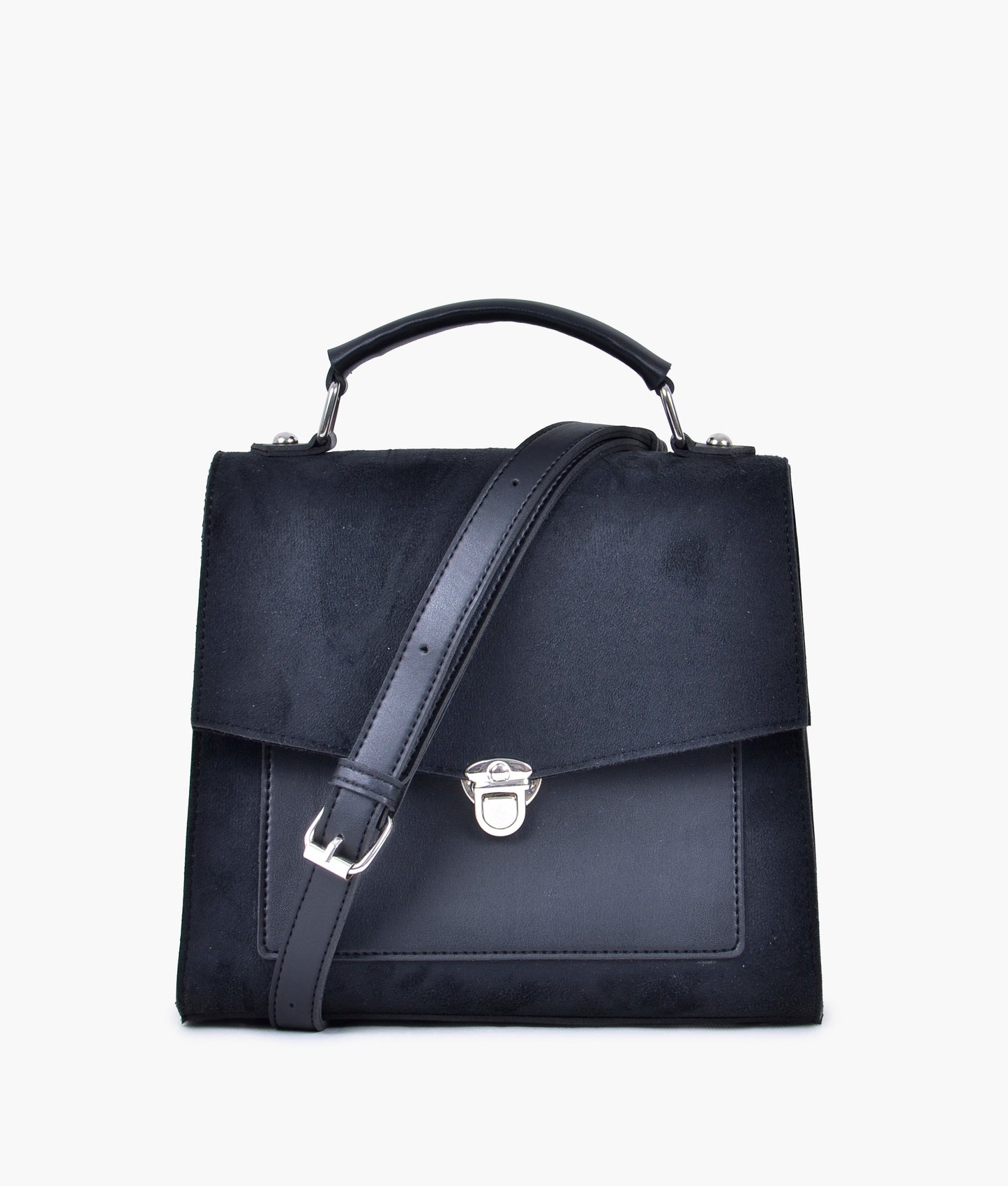 Black suede push-lock messenger bag