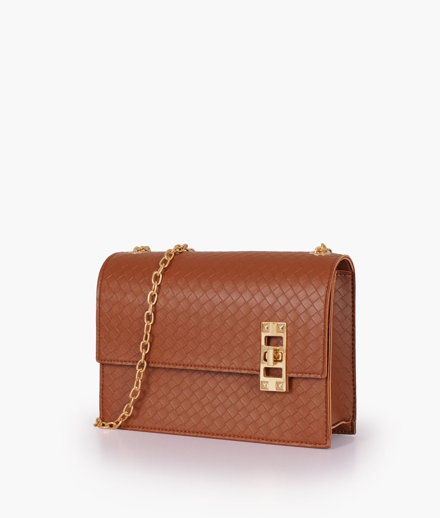 Brown weaved chain shoulder bag with twist lock