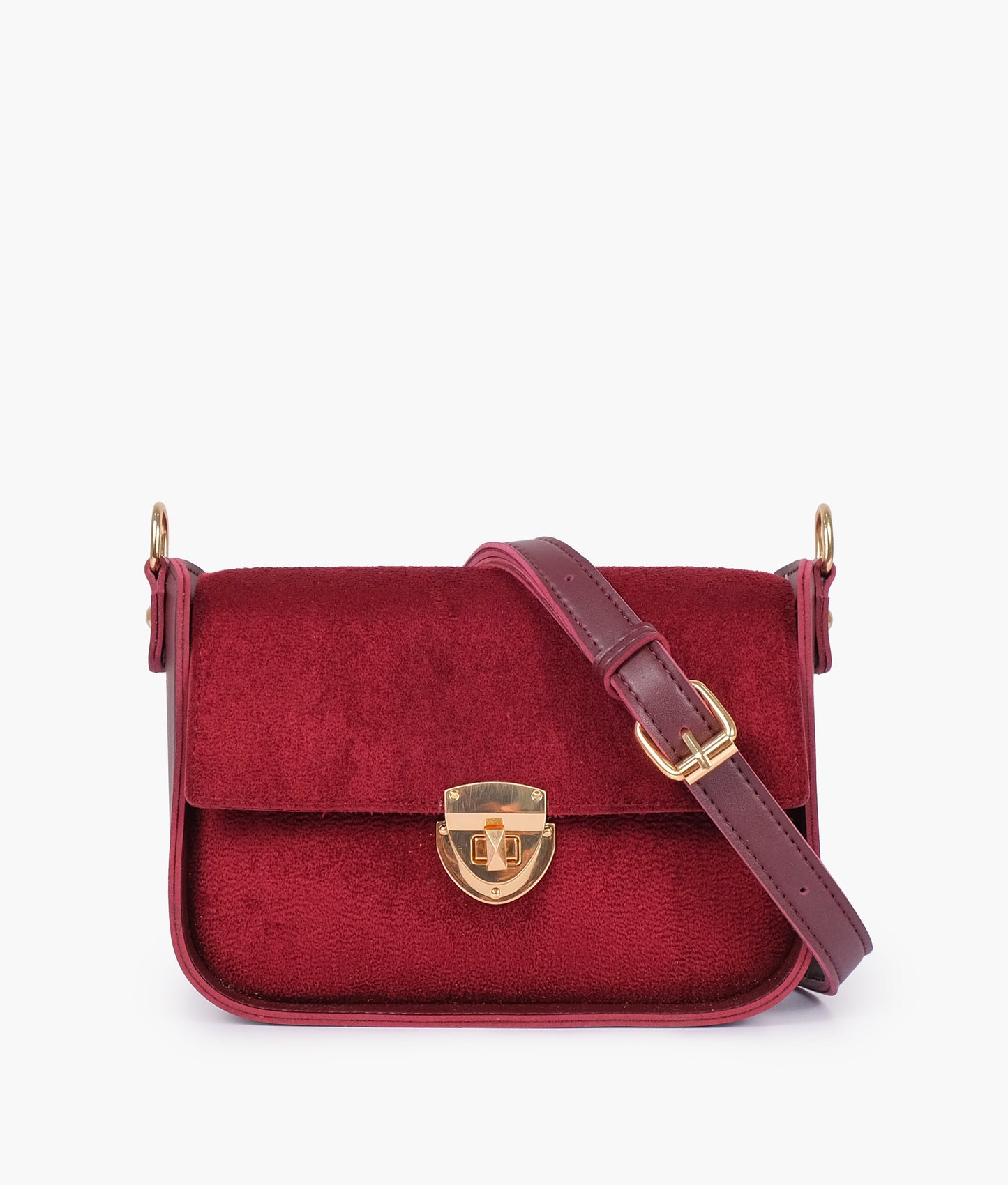 Burgundy suede saddle bag with twist lock